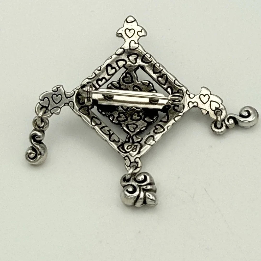 Brighton Silver Tone Brooch Diamond Shape Fleur de Lis Flower Dangle Charm Pin